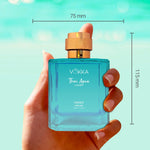 Dimension specification infographic showing a hand holding the 100 mL square turquoise VOKKA