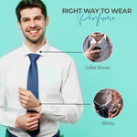 Educational guide infographic showing the right way to wear perfume, highlighting collar bones and wrists on a smiling man in a white shirt and blue tie against a turquoise background.