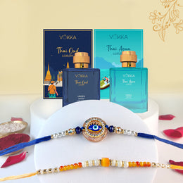 VOKKA Rakhi Gift for Brother – Thai Oud & Thai Aqua Perfume (100ml Each) with 2 Rakhis | Royal Evil Eye Rakhi & Sunset Beaded Rakhi | Raksha Bandhan Combo 5 Gift