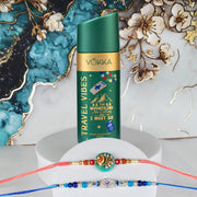 VOKKA Rakhi Gift for Brother Unisex Deodorant 150ml Travel Vibes with 2 Rakhis | Divine Evil Eye & Ganesh Rakhi | Raksha Bandhan Combo Set for Bhaiya & Bhabhi Combo 8