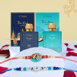 VOKKA Rakhi Gift for Brother Unisex Perfume Thai Oud & Thai Aqua (100ml Each) with 2 Rakhis | Divine Evil Eye & Ganesh Rakhi | Raksha Bandhan Combo Set for Bhaiya & Bhabhi Combo 8