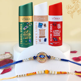VOKKA Rakhi Gift for Brother – 3 Deodorants 150ml Each Gym Vibes + Office Vibes + Travel Vibes with 2 Rakhis | Royal Evil Eye Rakhi & Sunset Beaded Rakhi | Raksha Bandhan Combo 4 Gift