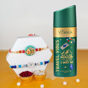 VOKKA Rakhi Gift for Brother Unisex Deodorant 150ml Travel Vibes with 2 Rakhis | Divine Evil Eye & Ganesh Rakhi | Raksha Bandhan Combo Set for Bhaiya & Bhabhi Combo 8