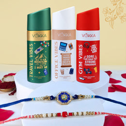 VOKKA Rakhi Gift for Brother – 3 Deodorants 150ml Each Gym Vibes + Office Vibes + Travel Vibes with 2 Rakhis | Evil Eye Rakhi | Red & White Beaded Rakhi | Raksha Bandhan Combo 1 Gift