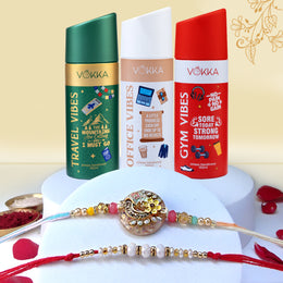 VOKKA Rakhi Gift for Brother – 3 Deodorants 150ml Each Gym Vibes + Office Vibes + Travel Vibes with 2 Rakhis | Floral, White & Golden Beaded Rakhi | Raksha Bandhan Combo 3 Gift