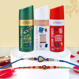 VOKKA Rakhi Gift for Brother – 3 Deodorants 150ml Each Gym Vibes + Office Vibes + Travel Vibes with 2 Rakhis | Blue Evil Eye Rakhi & Floral Beaded Rakhi | Raksha Bandhan Combo 6 Gift
