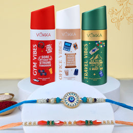 VOKKA Rakhi Gift for Brother Unisex Deodorants 150ml Each Gym + Office + Travel Vibes with 2 Rakhis | Bright Evil Eye & Colour Beads Rakhi | Raksha Bandhan Combo Set for Bhaiya & Bhabhi Combo 10