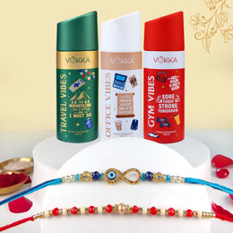 VOKKA Rakhi Gift for Brother – 3 Deodorants 150ml Each Gym Vibes + Office Vibes + Travel Vibes with 2 Rakhis | Evil Eye Infinity Rakhi | Red & White Beaded | Raksha Bandhan Combo 2 Gift