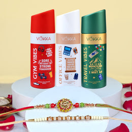 VOKKA Rakhi Gift for Brother Unisex Deodorants 150ml Each Gym + Office + Travel Vibes with 2 Rakhis | Omkaar & Desert pearl Rakhi | Raksha Bandhan Combo Set for Bhaiya & Bhabhi Combo 12