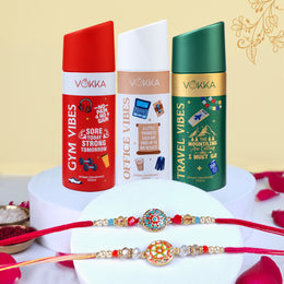 VOKKA Rakhi Gift for Brother Unisex Deodorants 150ml Each Gym + Office + Travel Vibes with 2 Rakhis | Royal Mandala & Sunshine Rakhi | Raksha Bandhan Combo Set for Bhaiya & Bhabhi Combo 11