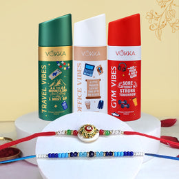 VOKKA Rakhi Gift for Brother Unisex Deodorants 150ml Each Gym + Office + Travel Vibes with 2 Rakhis | Sun Evil Eye & Blue Pearl Rakhi | Raksha Bandhan Combo Set for Bhaiya & Bhabhi Combo 9