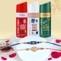 VOKKA Rakhi Gift for Brother – 3 Deodorants 150ml Each Gym Vibes + Office Vibes + Travel Vibes with 2 Rakhis | Sea Green Evil Eye & Pearl Petal Rakhi | Raksha Bandhan Combo 7 Gift
