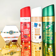 VOKKA Rakhi Gift for Brother Unisex Deodorants 150ml Each Gym + Office + Travel Vibes with 2 Rakhis | Bright Evil Eye & Colour Beads Rakhi | Raksha Bandhan Combo Set for Bhaiya & Bhabhi Combo 10