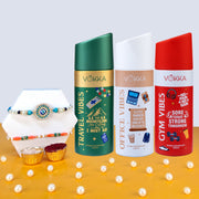 VOKKA Rakhi Gift for Brother Unisex Deodorants 150ml Each Gym + Office + Travel Vibes with 2 Rakhis | Bright Evil Eye & Colour Beads Rakhi | Raksha Bandhan Combo Set for Bhaiya & Bhabhi Combo 10