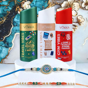 VOKKA Rakhi Gift for Brother Unisex Deodorants 150ml Each Gym + Office + Travel Vibes with 2 Rakhis | Bright Evil Eye & Colour Beads Rakhi | Raksha Bandhan Combo Set for Bhaiya & Bhabhi Combo 10