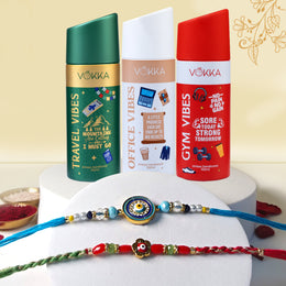 VOKKA Rakhi Gift for Brother – 3 Deodorants 150ml Each Gym Vibes + Office Vibes + Travel Vibes with 2 Rakhis | Evil Eye Round Rakhi & Floral Beaded Rakhi | Raksha Bandhan Combo 4 Gift