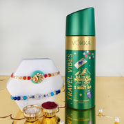 VOKKA Rakhi Gift for Brother Unisex Deodorant 150ml Travel Vibes with 2 Rakhis | Divine Evil Eye & Ganesh Rakhi | Raksha Bandhan Combo Set for Bhaiya & Bhabhi Combo 8
