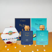 VOKKA Rakhi Gift for Brother Unisex Perfume Thai Oud & Thai Aqua (100ml Each) with 2 Rakhis | Divine Evil Eye & Ganesh Rakhi | Raksha Bandhan Combo Set for Bhaiya & Bhabhi Combo 8