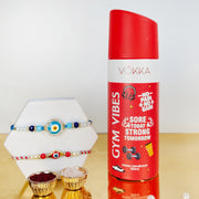 VOKKA Rakhi Gift for Brother Unisex Deodorant 150ml Gym Vibes with 2 Rakhis | Ocean Eye Rakhi & A Vibrant Raksha Sutar | Raksha Bandhan Combo Set for Bhaiya & Bhabhi Combo 13