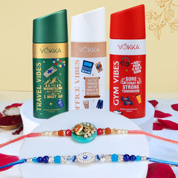 VOKKA Rakhi Gift for Brother Unisex Deodorants 150ml Each Gym + Office + Travel Vibes with 2 Rakhis | Divine Evil Eye & Ganesh Rakhi | Raksha Bandhan Combo Set for Bhaiya & Bhabhi Combo 8