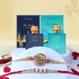 VOKKA Rakhi Gift for Brother – Thai Oud & Thai Aqua Perfume (100ml Each) with 2 Rakhis | Floral Rakhi | White & Golden Beaded Rakhi | Raksha Bandhan Combo 3 Gift