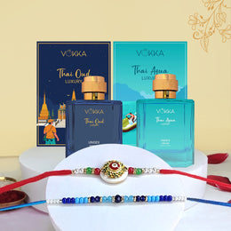 VOKKA Rakhi Gift for Brother Unisex Perfume Thai Oud & Thai Aqua (100ml Each) with 2 Rakhis | Sun Evil Eye & Blue Pearl Rakhi | Raksha Bandhan Combo Set for Bhaiya & Bhabhi Combo 9