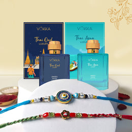 VOKKA Rakhi Gift for Brother – Thai Oud & Thai Aqua Perfume (100ml Each) with 2 Rakhis | Evil Eye Round Rakhi & Floral Beaded Rakhi | Raksha Bandhan Combo 4 Gift