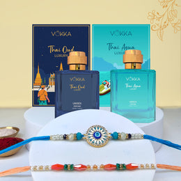 VOKKA Rakhi Gift for Brother Unisex Perfume Thai Oud & Thai Aqua (100ml Each) with 2 Rakhis | Bright Evil Eye & Colour Beads Rakhi | Raksha Bandhan Combo Set for Bhaiya & Bhabhi Combo 10