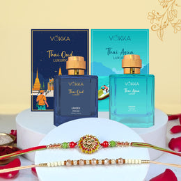 VOKKA Rakhi Gift for Brother Unisex Perfume Thai Oud & Thai Aqua (100ml Each) with 2 Rakhis | Omkaar & Desert pearl Rakhi | Raksha Bandhan Combo Set for Bhaiya & Bhabhi Combo 12