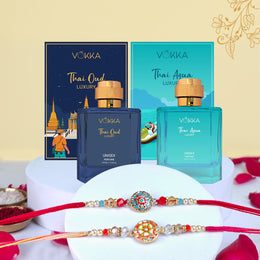VOKKA Rakhi Gift for Brother Unisex Perfume Thai Oud & Thai Aqua (100ml Each) with 2 Rakhis | Royal Mandala & Sunshine Rakhi | Raksha Bandhan Combo Set for Bhaiya & Bhabhi Combo 11