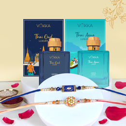 VOKKA Rakhi Gift for Brother – Thai Oud & Thai Aqua Perfume (100ml Each) with 2 Rakhis | Sea Green Evil Eye Rakhi & Pearl Petal Rakhi | Raksha Bandhan Combo 7 Gift