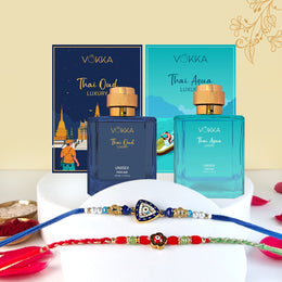 VOKKA Rakhi Gift for Brother – Thai Oud & Thai Aqua Perfume (100ml Each) with 2 Rakhis | Blue Evil Eye Rakhi & Floral Beaded Rakhi | Raksha Bandhan Combo 6 Gift