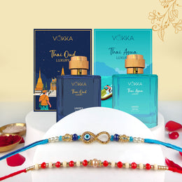 VOKKA Rakhi Gift for Brother – Thai Oud & Thai Aqua Perfume (100ml Each) with 2 Rakhis | Evil Eye Infinity Rakhi | Red & White Beaded | Raksha Bandhan Combo 2 Gift