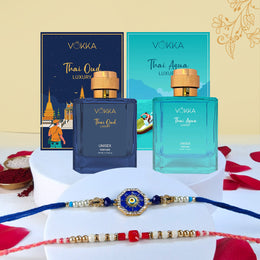 VOKKA Rakhi Gift for Brother – Thai Oud & Thai Aqua Perfume (100ml Each) with 2 Rakhis | Evil Eye Rakhi | Red & White Beaded Rakhi | Raksha Bandhan Combo 1 Gift