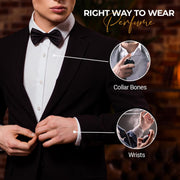 Educational guide infographic showing the right way to wear perfume, highlighting collar bones and wrists on a man in a black tuxedo and bow tie against a dark background.