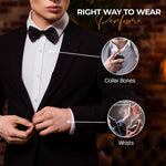Educational guide infographic showing the right way to wear perfume, highlighting collar bones and wrists on a man in a black tuxedo and bow tie against a dark background.