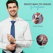 Educational guide infographic showing the right way to wear perfume, highlighting collar bones and wrists on a smiling man in a white shirt and blue tie against a turquoise background.